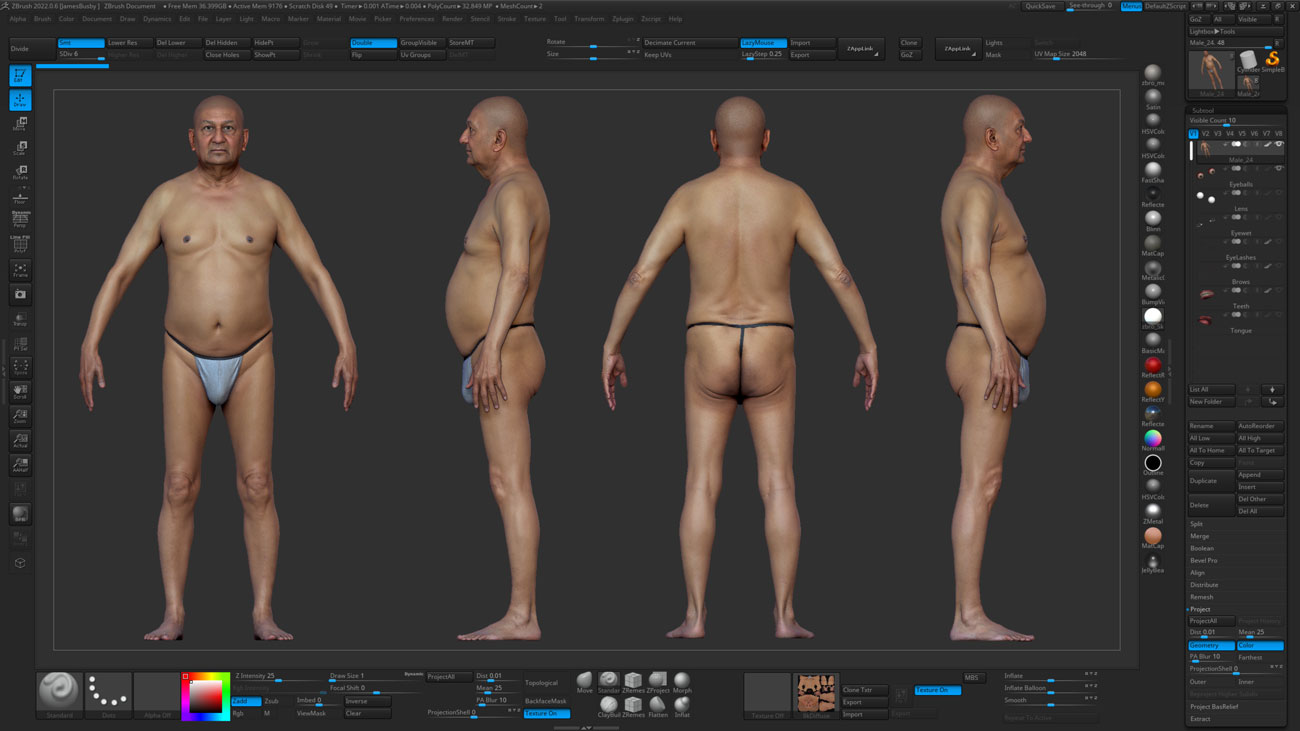 ZBrush ZTool render of an older male full body scan at high subdivision showing sculpt-ready quad mesh geometry